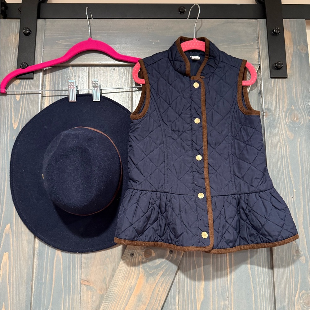 Janie and Jack Navy Vest with Brown Accents and Matching Hat with Gold Buckle